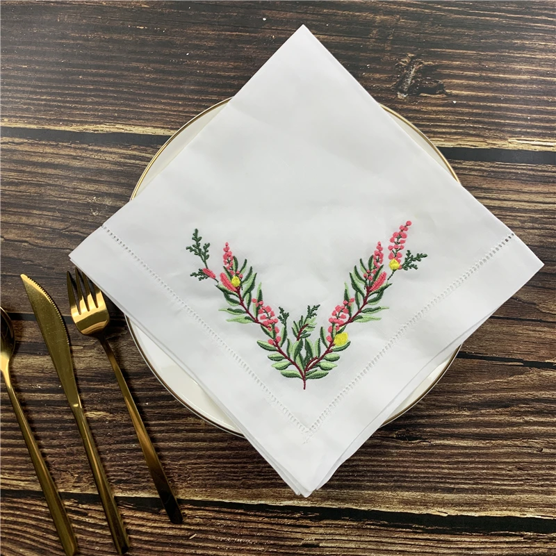 

Set of 12 Handkerchiefs White Linen Hemstitched Dinner Napkins Table Cloth Placemats with Color Embroidered Floral