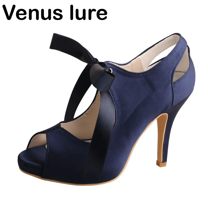 Customized Ladies Navy Platform Court Shoes for Wedding High Heel Ribbon Lace Shoes