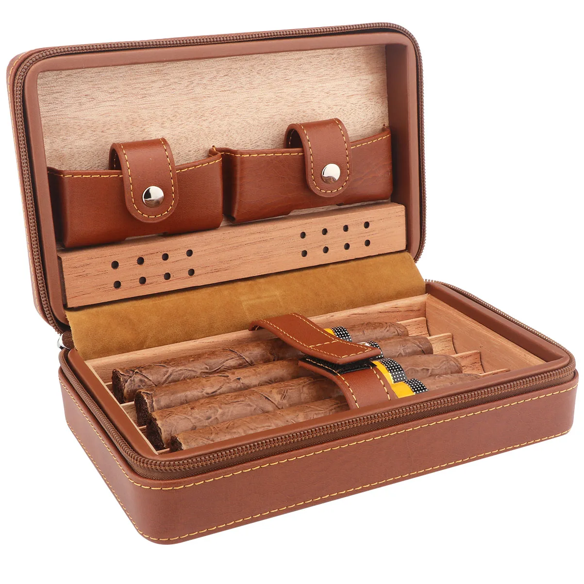 Xifei Cedar Wood Cigar Humidor with Humidifier and Dropper, Travel Case, Portable 4-Slot ,PU ,Smoking Accessories