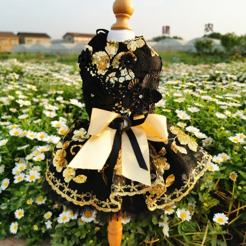 

Puppy Dog Clothes Luxury Handmade Embroidered Black Gold Lace Pearl Bowknot Tutu Dress For Small Medium Dog Pet Costumes Poodle