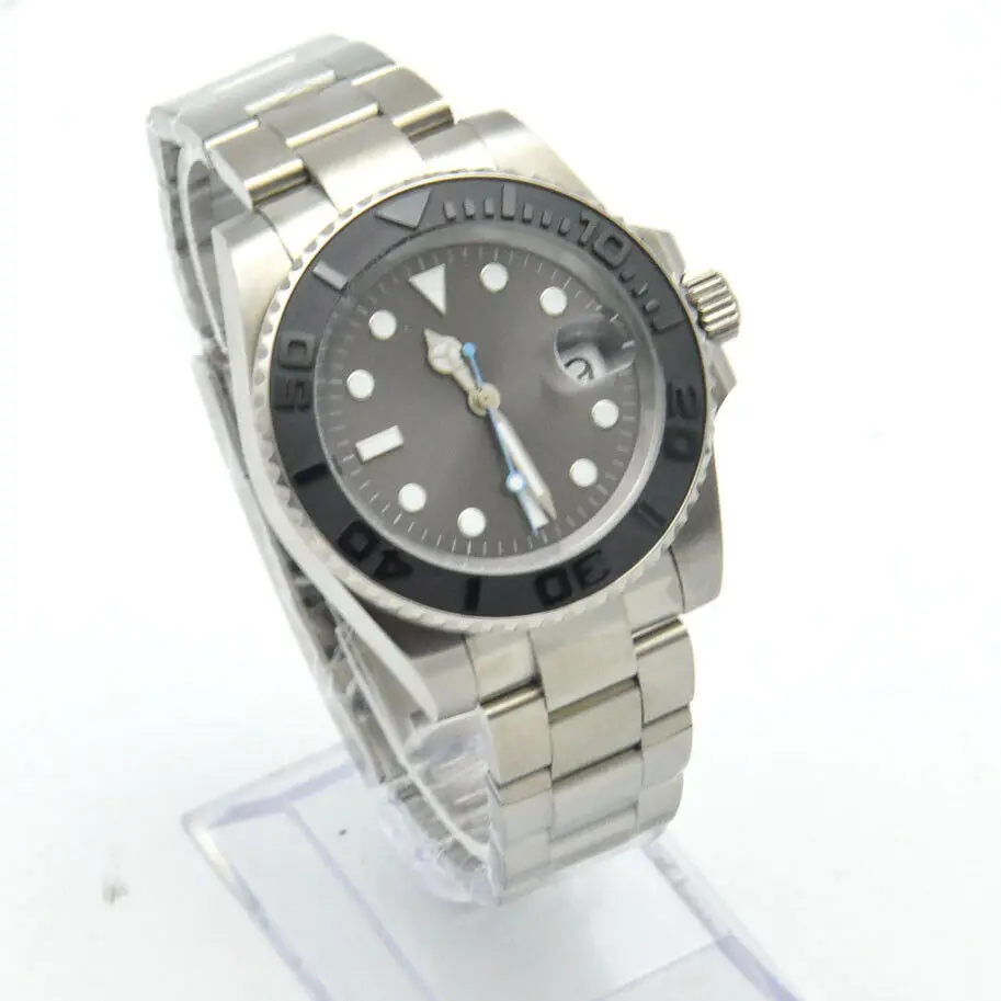 40mm Gray No LOGO Dial Ceramic Ring Mechanical Men\'s Automatic Watch Stainless Steel Bracelet