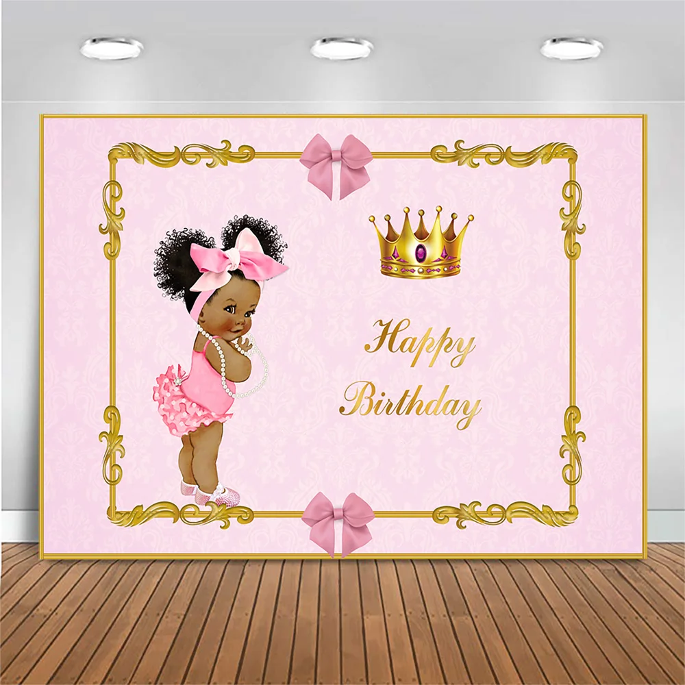 Mocsicka Pink Happy Birthday Backdrop Black Skin Girl Golden Crown Princess Baby Shower Photo Background Custom Poster Photocall