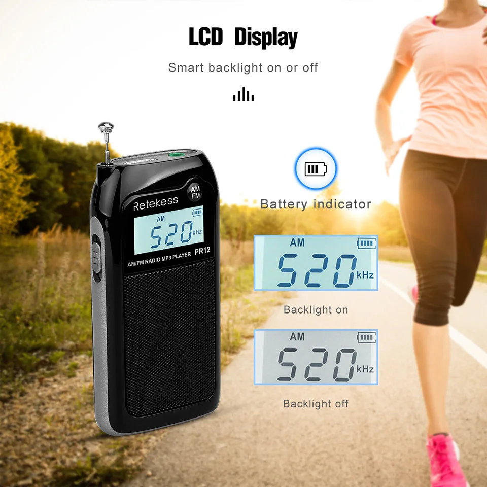 RETEKESS PR12 Radio FM AM Mini-Taschenradio MP3 Tragbarer Empfänger mit hintergrundbeleuchtetem Display, digitaler Stereo-Unterstützung und TF-Kartenfunktion für Senioren – Detail 3