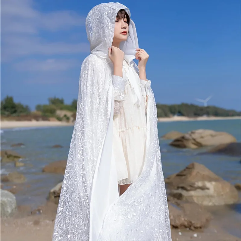 Xaile branco capa com capuz férias proteção solar roupas soltas rendas longo cardigan bordado cape muito exterior wear feminino