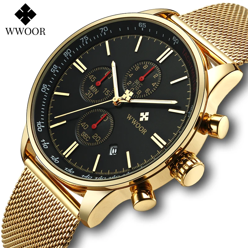 Relogio Masculino WWOOR Sports Mens Watches Top Brand Luxuy Gold Black Mesh Steel Quartz Waterproof Date Chronograph Wrist Watch