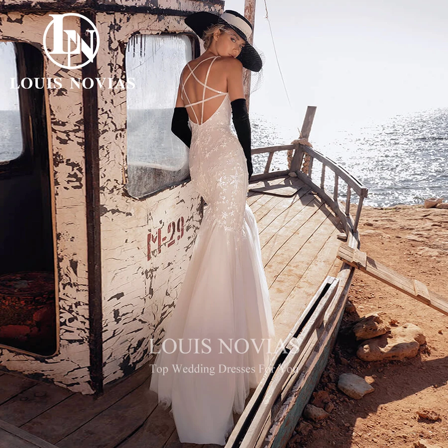 Louis novias sereia vestido de casamento 2022 moderna cinta de espaguete v-neck frisado bordado noiva nupcial vestidos sem costas de novia