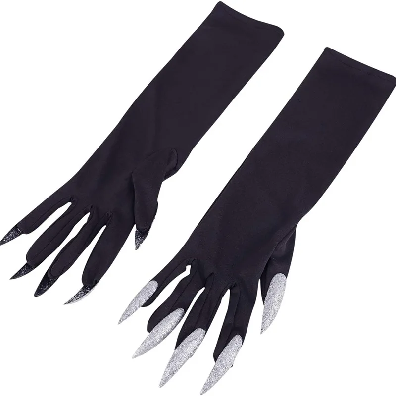 1 Paar Halloween Black Claw Handschoenen Zilver Pailletten Nagel Rekwisieten Kostuum Lange Nagelhandschoenen Halloween Party Cosplay Rekwisieten