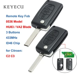 Keyecu 0536 Modello di Chiave A Distanza 3 Button 433MHz ID46 Chiave Dell'automobile per Citroen C2 C3 2005 2006 2007 2008 2009 2010 2011-VA2/HU83 Lama