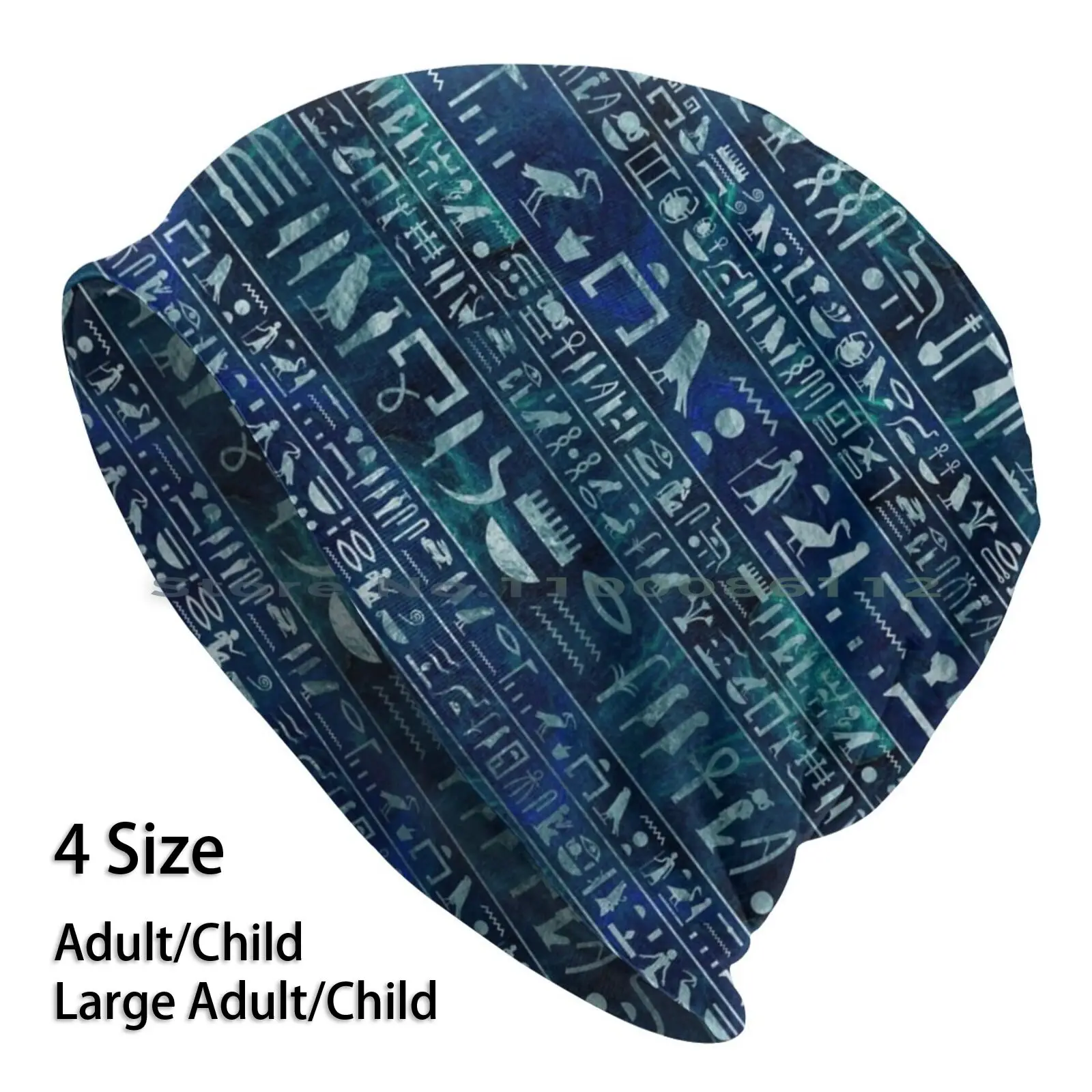 Egyptian Hieroglyphs-Silver On Blue Painted Texture Beanies Knit Hat Egyptian Hieroglyphs Hieroglyphics Silver Blue Painted