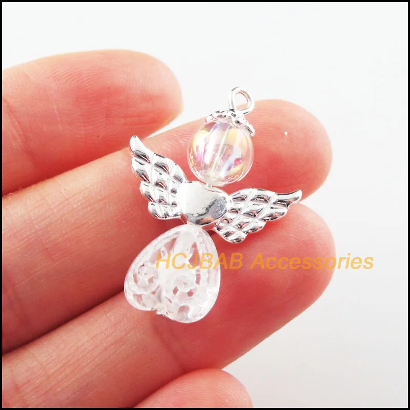 10Pcs Silver Plated Heart Flower Angel White Acrylic Ball Beads Charms Pendants 22x30mm