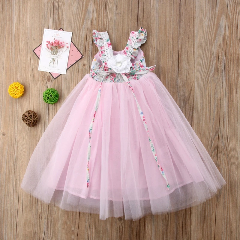 Baby Kids Girl Eegant Lace Mesh Tutu Dress Birthday Party Long Dresses Summer Girls Floral Dress