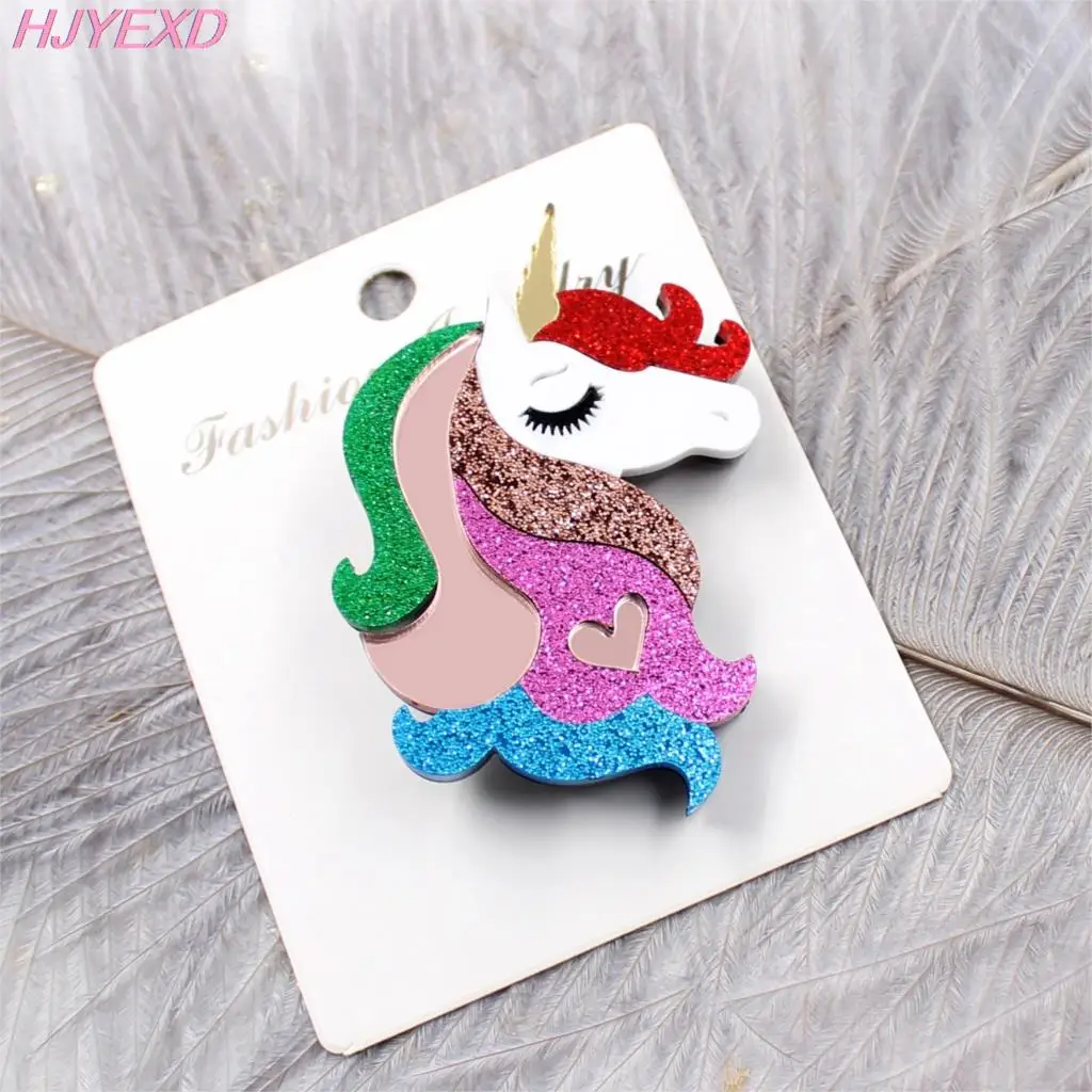 BR109 Acrylic Unicorn Brooch Safty Pin Glitter Rainbow Unicorn Acrylic Brooch