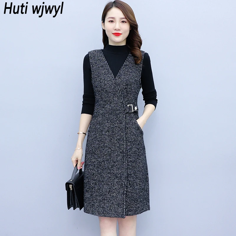 

Autumn Winter Black Sweater Vest Dress Sets Women Thick Warm Midi Dress Two-piece Suit 2023 Elegan Bodycon Vintage Party Vestido