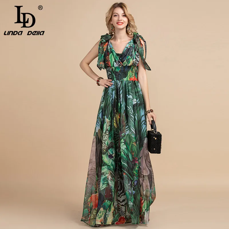 Imagem -03 - Linda Della-vestido Longo com Estampa de Flores para Mulheres Decote em v Elástico Vintage Estilo Boho Tamanho Grande Moda Verão ld