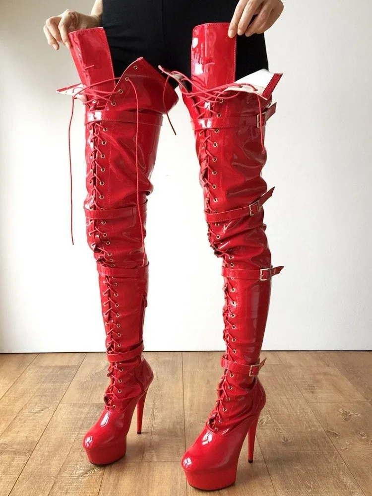 

Sexy Over-the-knee Boots Red Patent Leather Queen Legg 15 Cm High Heels Performance Pole Dance Shoes Women Platform Botas Mujer