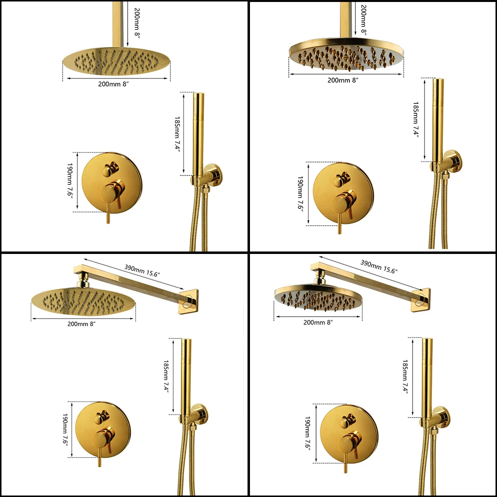 OUBONI Golden Plated Shower Faucet Set Solid Brass Wall Mounted Rainfall Shower Mixer Tap 8 Inch Round Style Shower Faucet Set