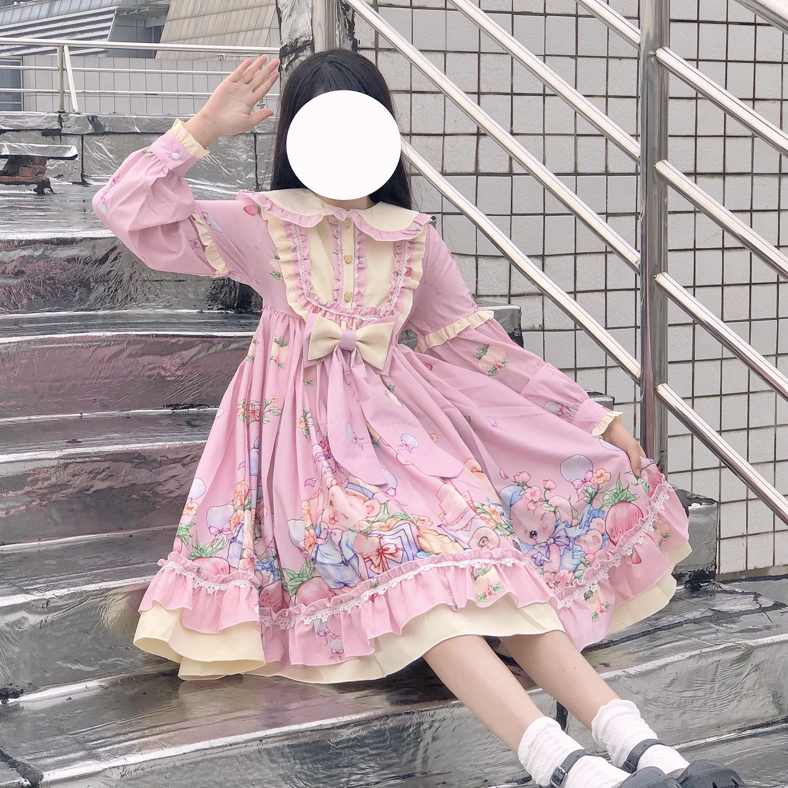 

Cute Women's Lolita OP Dress Japanese Cartoon Print Long Sleeves Victorian Vestidos Gothic Lolita Cosplay Maid Dress