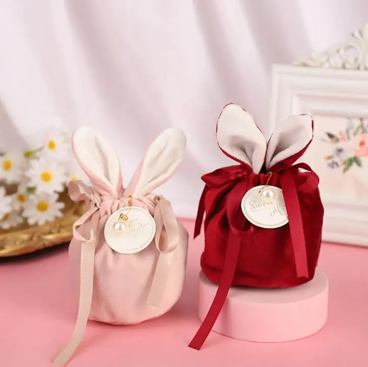 Wedding Candy Rabbit Ears Velvet Easter Bag Cookie Packaging Box Companion Hand Boxes Crad Pearl Return Gifts Hand Bag SN4159