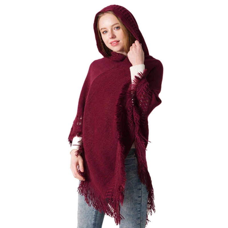 Ladies' Hooded Cape with Fringed Hem,Crochet Poncho Knitting Solid Color Warm Batwing Cloak for Women Girls