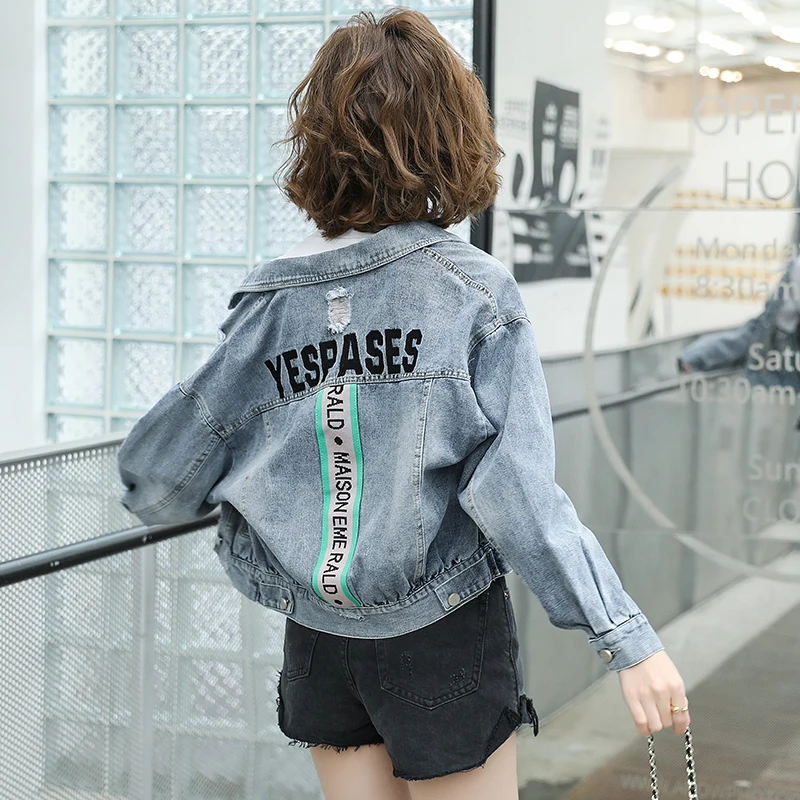 

2023 Spring Fashion Short Denim Jacket Tops Streetwear BF Letter Embroidered Splicing Long Sleeve Loose Harajuku New Kadın Ceket