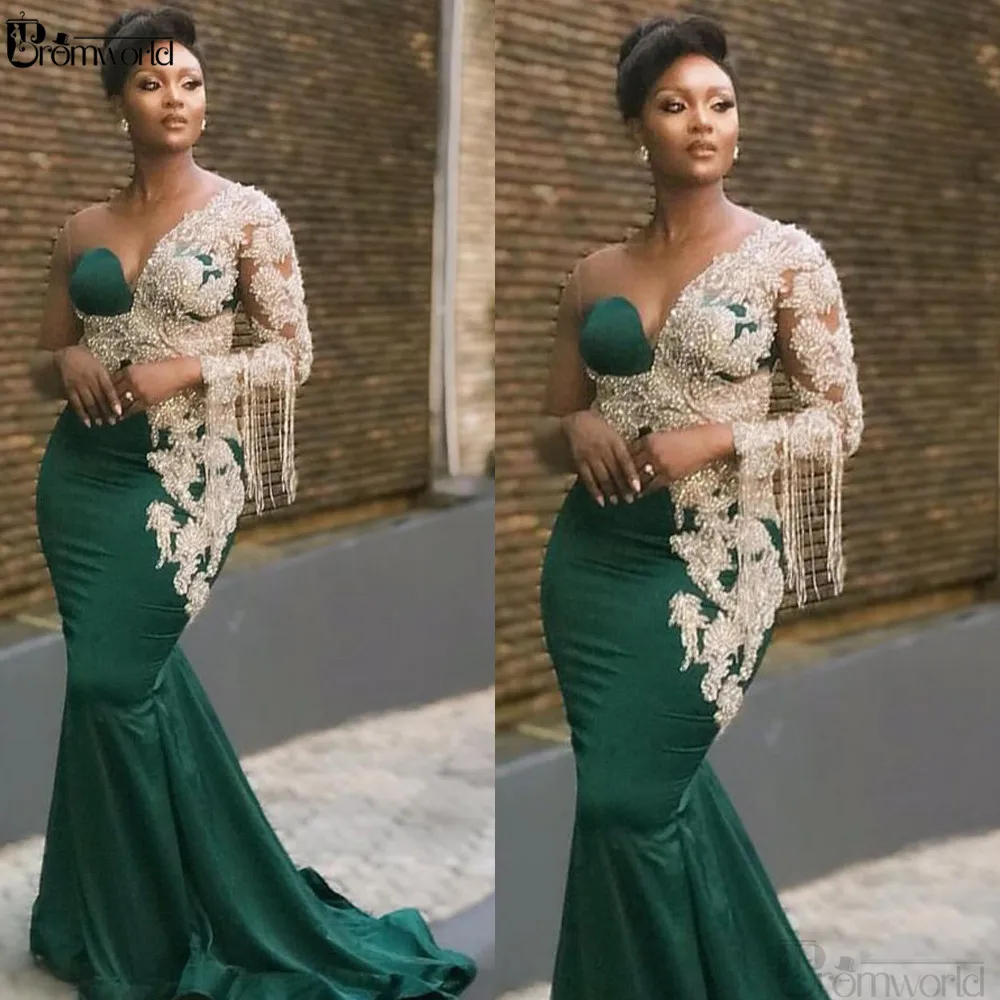 Emerald Green Prom Dresses 2021 One Shoulder Pearls Tassel Lace Appliques Mermaid Satin Evening Dresses abiye gece elbisesi