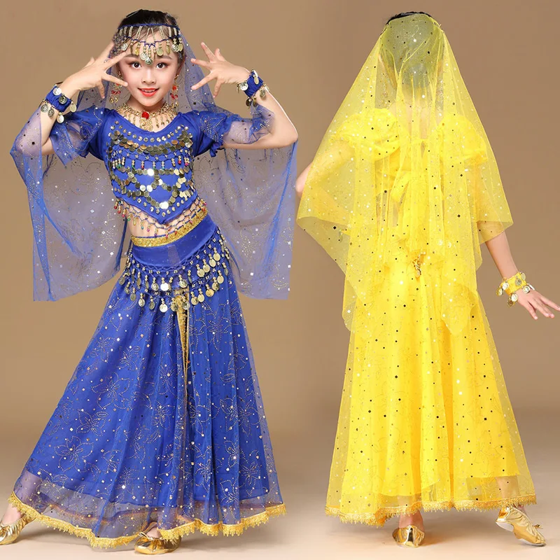 Girls Bollywood Dance Costume Set Kids Belly Dance Indian Sari Children Chiffon Outfit Halloween Top Belt Skirt Veil Headpiece