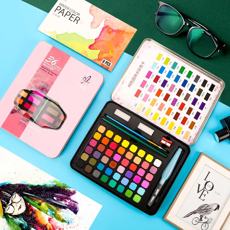 36/48 Color Professional Superior Solid Watercolor Paint Set With Water Brush Pen Pencil Watercolor pen Color Pigment Painting