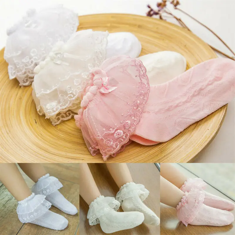 PUDCOCO Cute Toddler Baby Girls Tutu Socks Bow Lace Kids Ruffle Frilly Cotton Short Socks 2-12Y