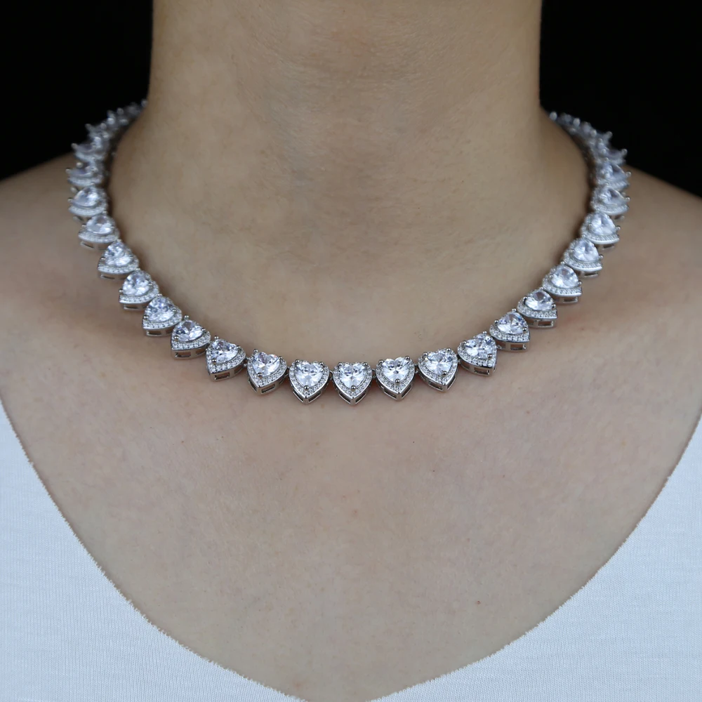 

New Iced out bling hip hop women jewelry Halo cz cluster heart shaped tennis chain women choker necklace wedding gift