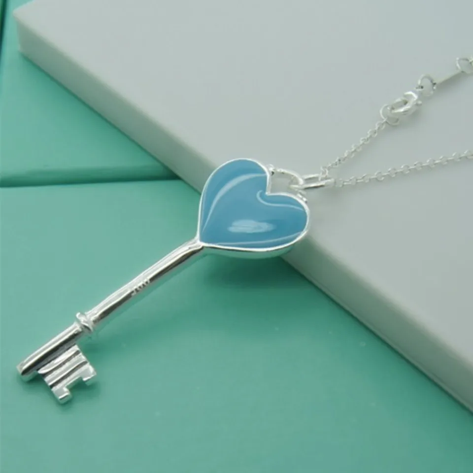 925 Sterling Silver Women Fine Fashion Cute Blue Heart Key Necklace For Girl Pendants Top Quality Jewelry