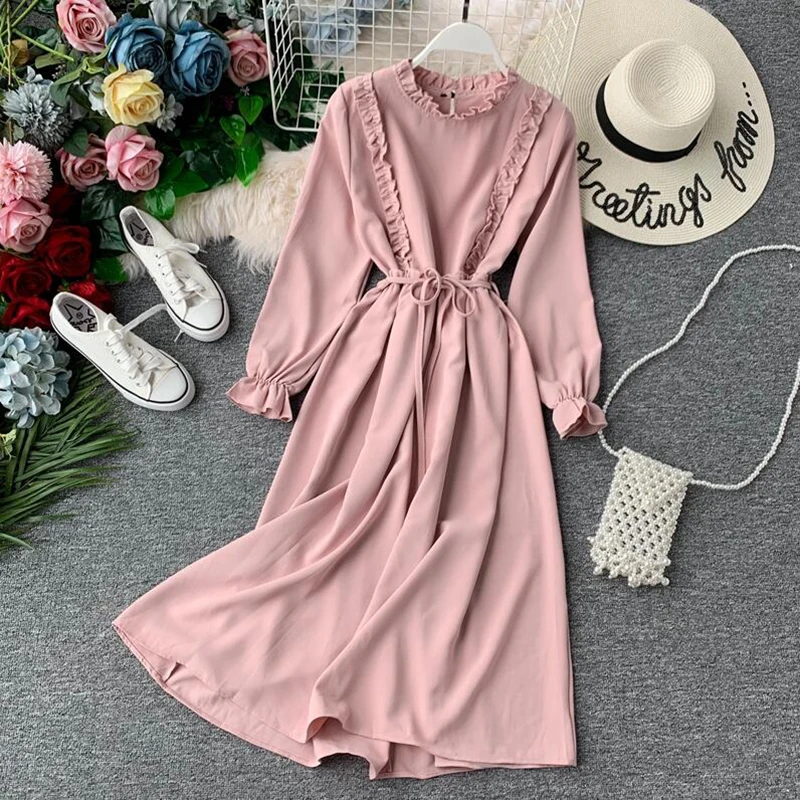 2020 Spring Autumn New Women's Chiffon Dress Female Vintage Casual belt Long Sleeves Dress Lotus leaf neck A-line Long Dresses