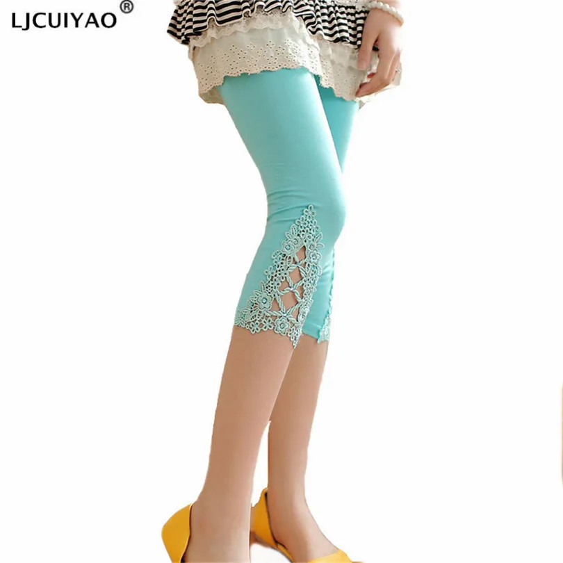 LJCUIYAO Hollow Lace Leggings Cotton Summer Women Calf-Length Pants Casual Capris Elastic Stitching Triangle Diamond Decoration