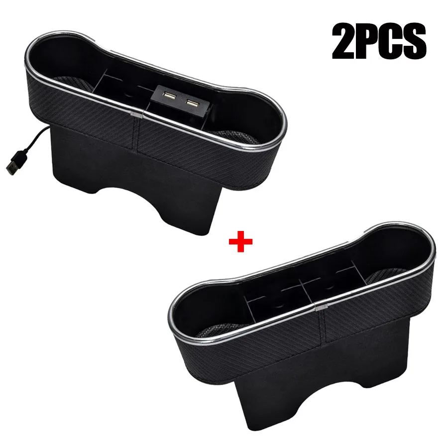 2PC Black Carbon Fiber Car Seat Gap Mobile Phone Change Storage Box USB Charging