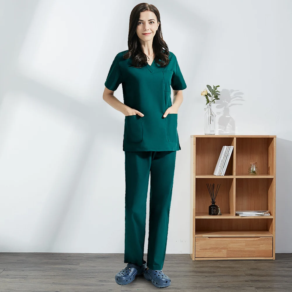 Conjunto de ropa de trabajo para enfermeras, Uniforme de Trabajo de salón de belleza, Top quirúrgico médico, pantalones, negro y azul