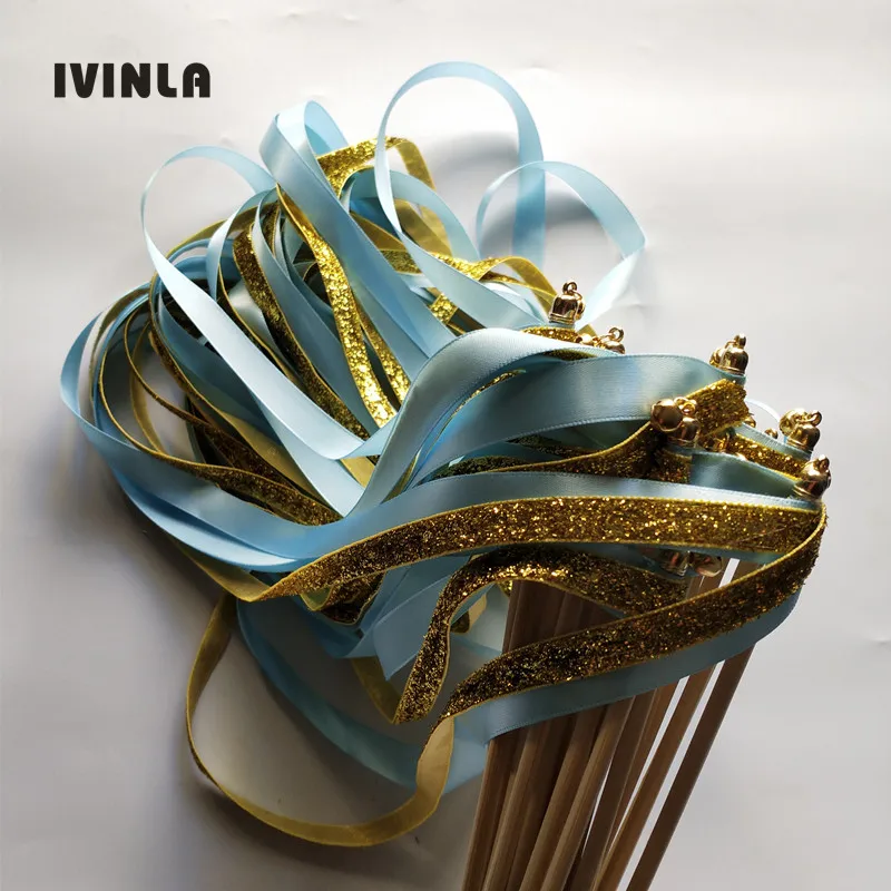 50pcs/lot gold glitter + light blue stain ribbon wedding wands  with gold bell for wedding party decoration