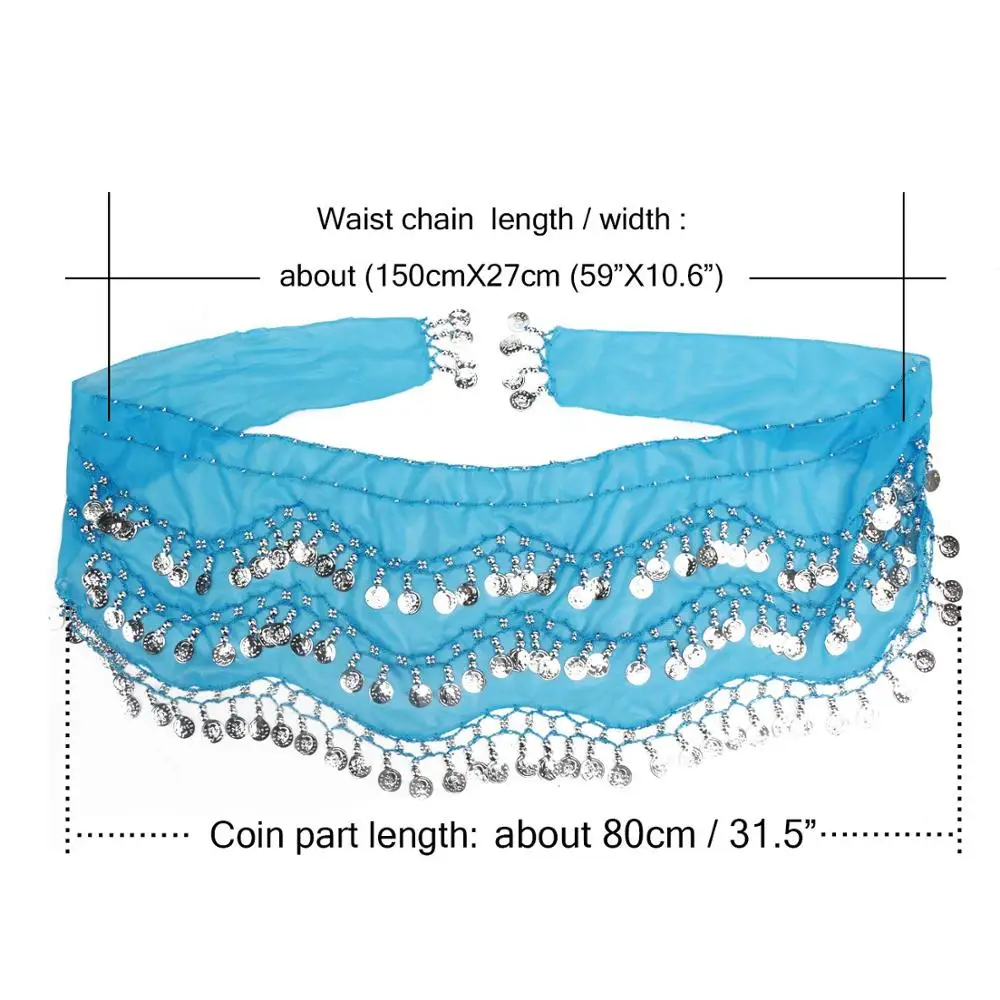 Lenços de quadril para dança do ventre com 128 moedas de prata cintura traje cinto chiffon dança lantejoulas lenço de quadril multi cores escolher