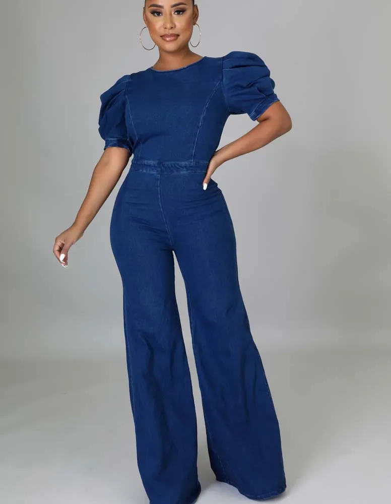 Puff Sleeve Denim Jumpsuit Women Jean O Neck High Waist Hollow Out Flare Pants Rompers Overalls Bodysuit Vestidos 2021 Autumn