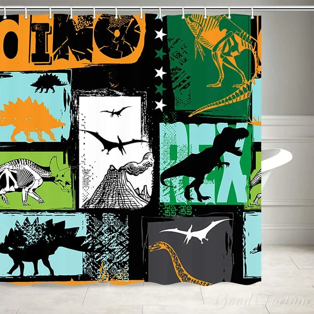 Original Shark Dino Pattern Shower Curtain Polyester Green Black Yellow Bathroom Curtain