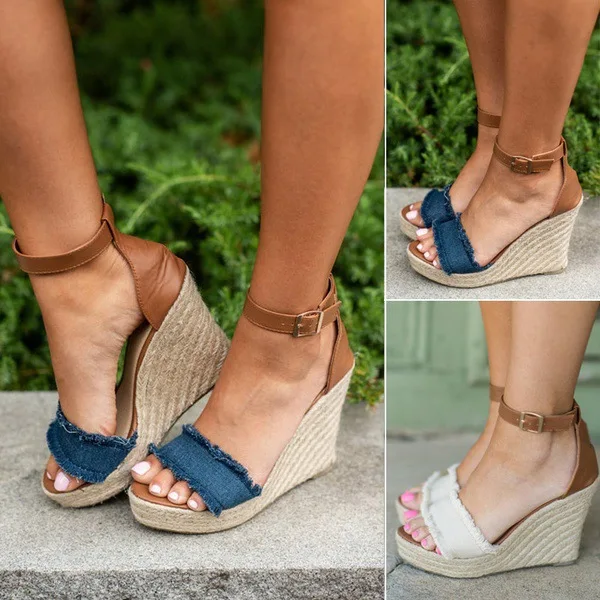 

Newest Blue White Denim Peep Toe Wedge Heel Sandals Woman Gladiator Platform Summer Ladies Mixed Colors Beach Vacation Shoes