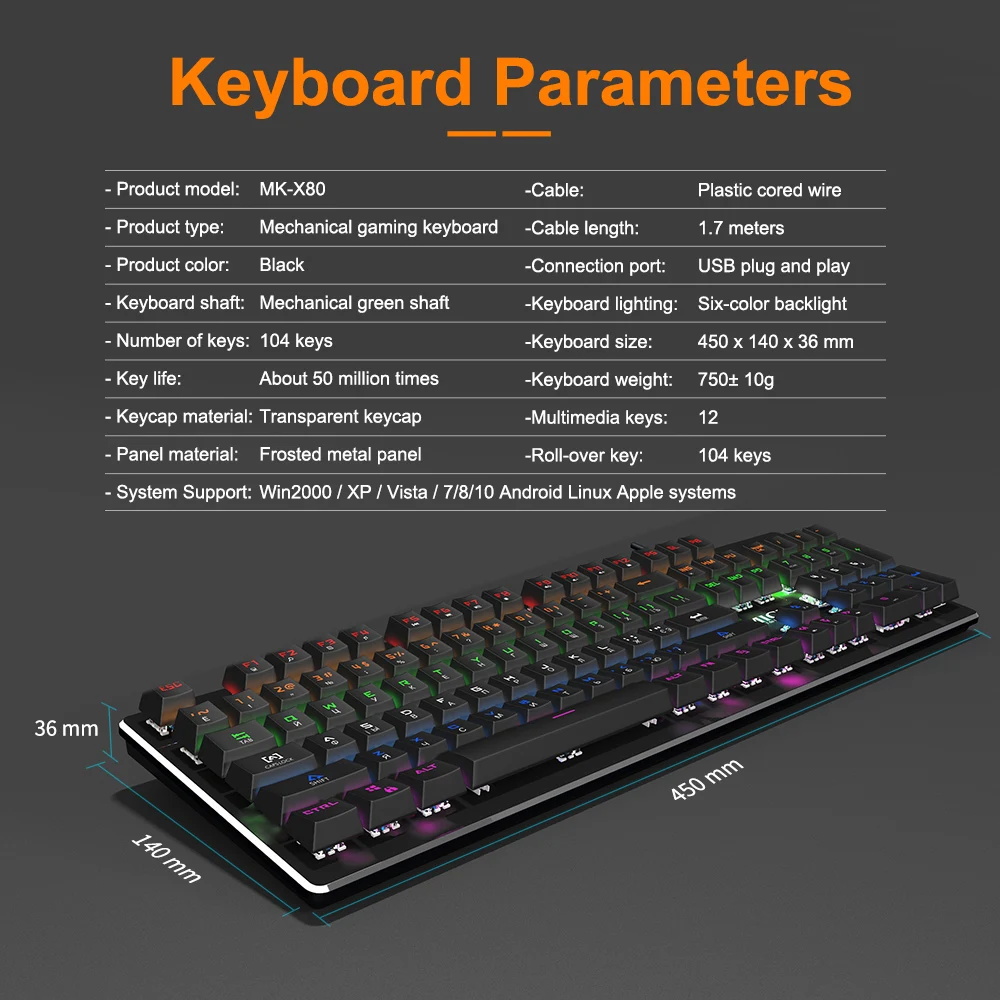 Gaming Keyboard Mechanical keyboard Gamer with backlight USB RGB 87/104 keycaps Wired Ergonomic Russian keyboard For PC Computer