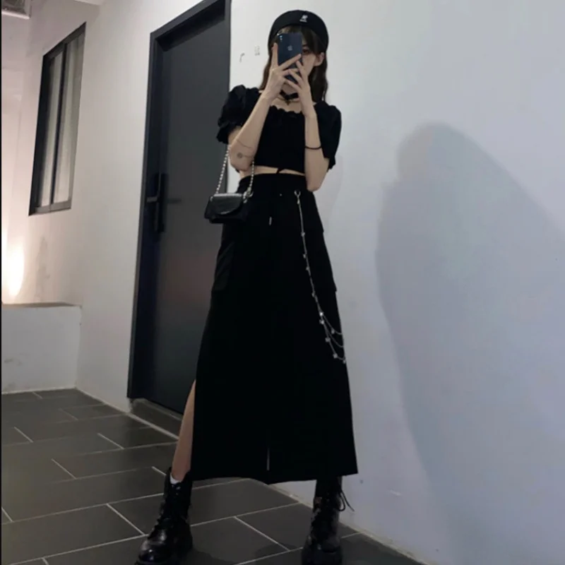 Midi Long Skirts Womens Gothic Lolita Summer Fashion High Waist Split Pocket Skirts Harajuku Black Streetwear Vintage 2021