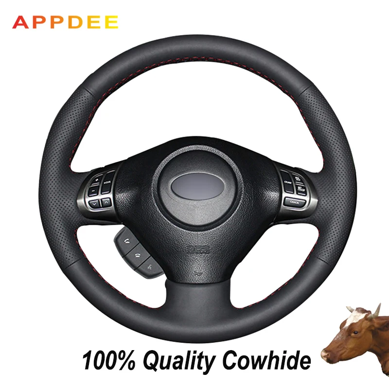 APPDEE Black Genuine Leather Steering Wheel Cover for Subaru Forester 2008-2012 Impreza 2008-2011 Legacy 2008 2009 2010 Exiga 2