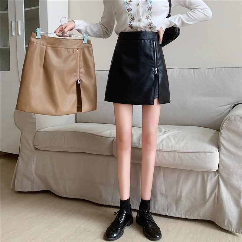 2021 early autumn pu leather short skirt over size high waist slimming irregular skirt DQ1358