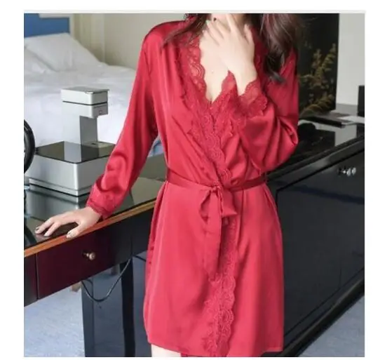 Women's Satin Silk Woman Lace Robe Female Lace Bathrobe Womens Robes Sleepwear Ladies Sexy Robe For Women Drop Shipping