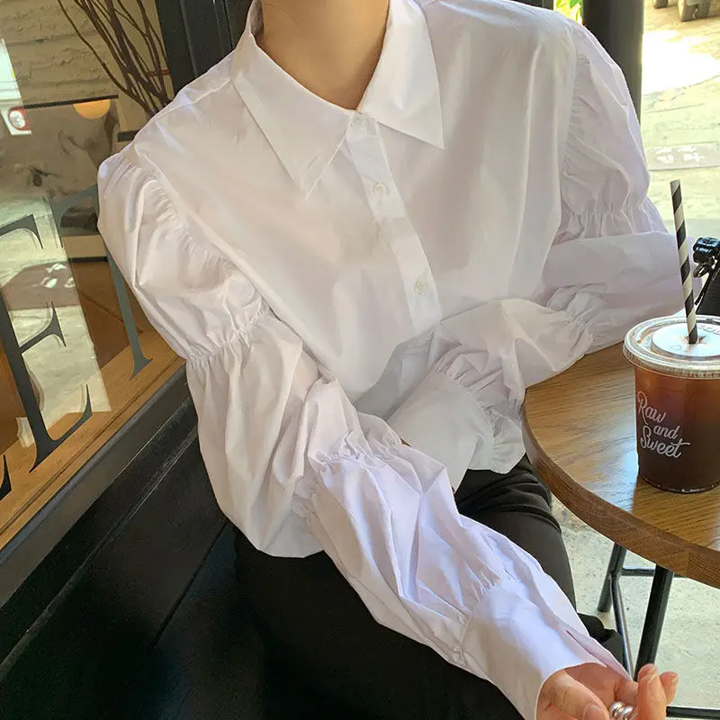 Shirts Women Puff Sleeve Folds Design Korean Style Solid Simple Leisure Harajuku Loose Fashion Turn-down Collar Vintage Elastic