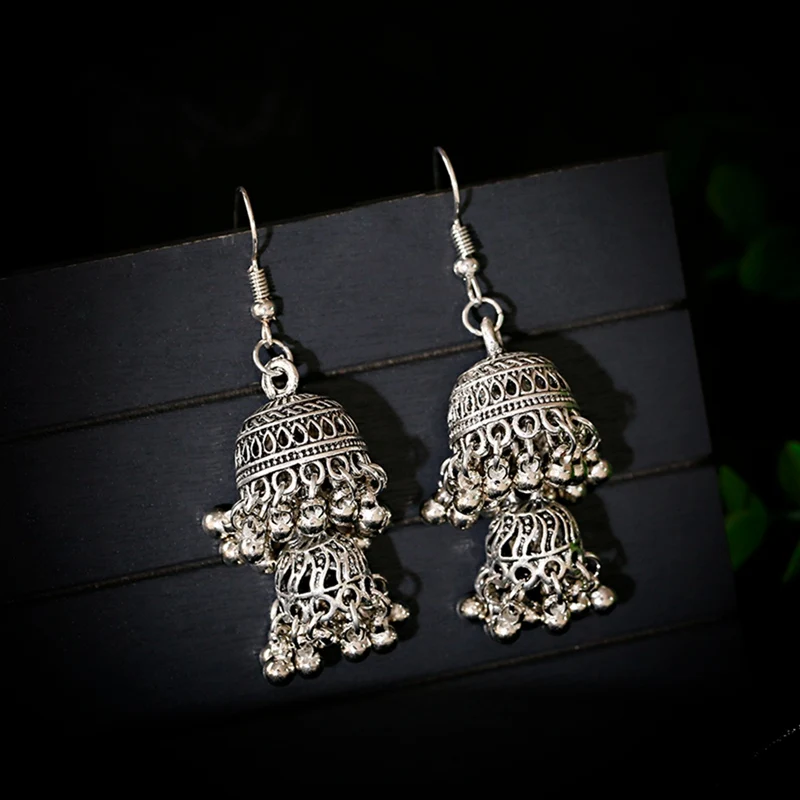 Ethnic Double Bell Pendant Earring for Women Antique Jhumka Silver Color Tassel Long Earrings Bohemia Charming Jewelry