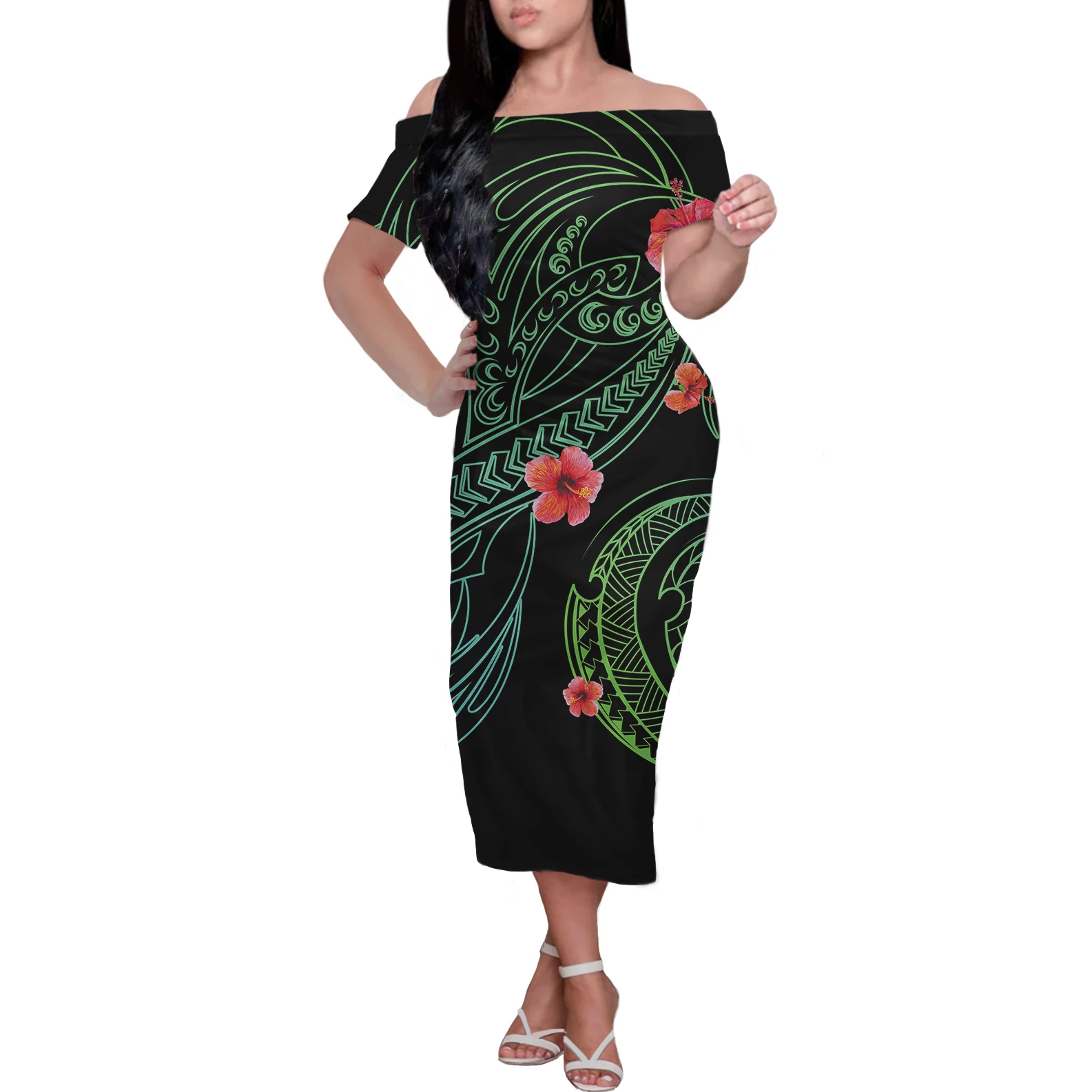 

The New Polynesia Samoa Off The Shoulder Corset Sexy Dress Summer Hibiscus Print Women's Dress Party Short Sleeve Long Skirt