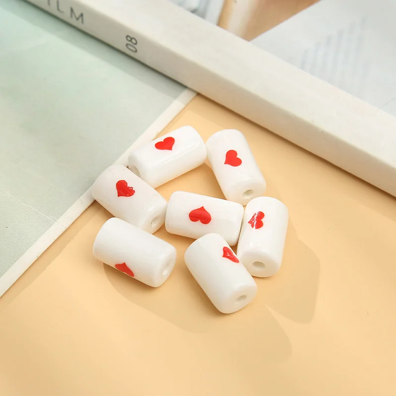 10pcs 10x17mm Cylinder Red Heart Ceramic Beads For Jewelry Making DIY Loose Spacer Tube Ceramics Bead Fit Bracelet Necklace