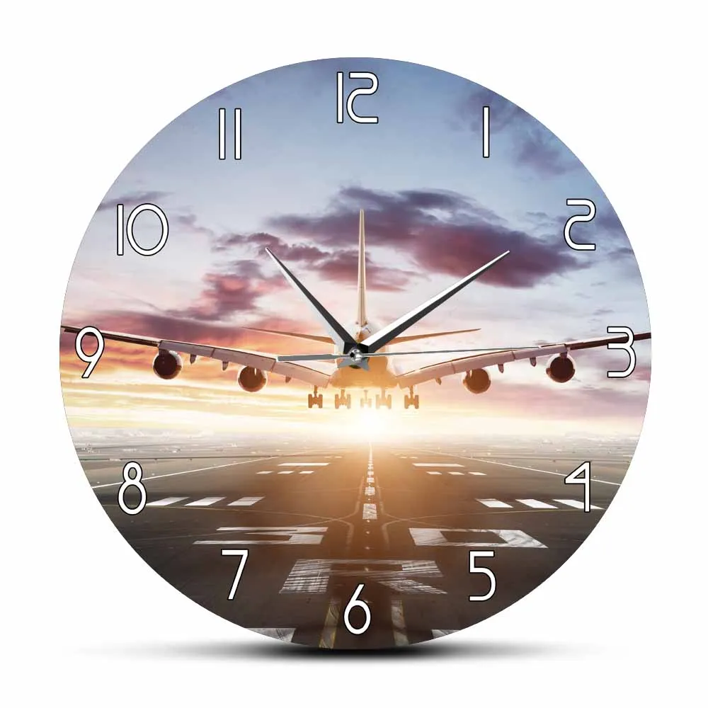 Jet Plane Flying Over Runway Modern Wall Clock Airplane Take Off Aviation Home Decor Aircraft Plane Artwork Silent Wall Clock