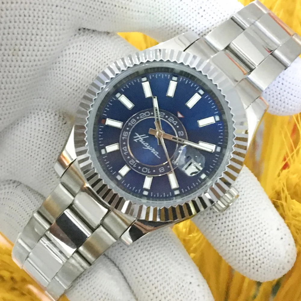 40Mm Heren Horloge Automatische Roestvrij Staal Waterdicht Silver Case Blauw Zwart Wijzerplaat Mannen Lichtgevende Horloge Vouwen gesp